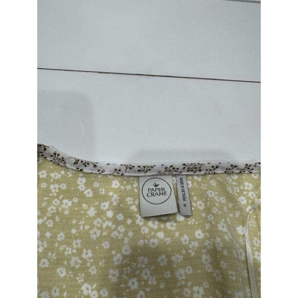 Paper Crane Faux Wrap Crop Top Calico Floral Yellow Brown White M - Picture 3 of 6